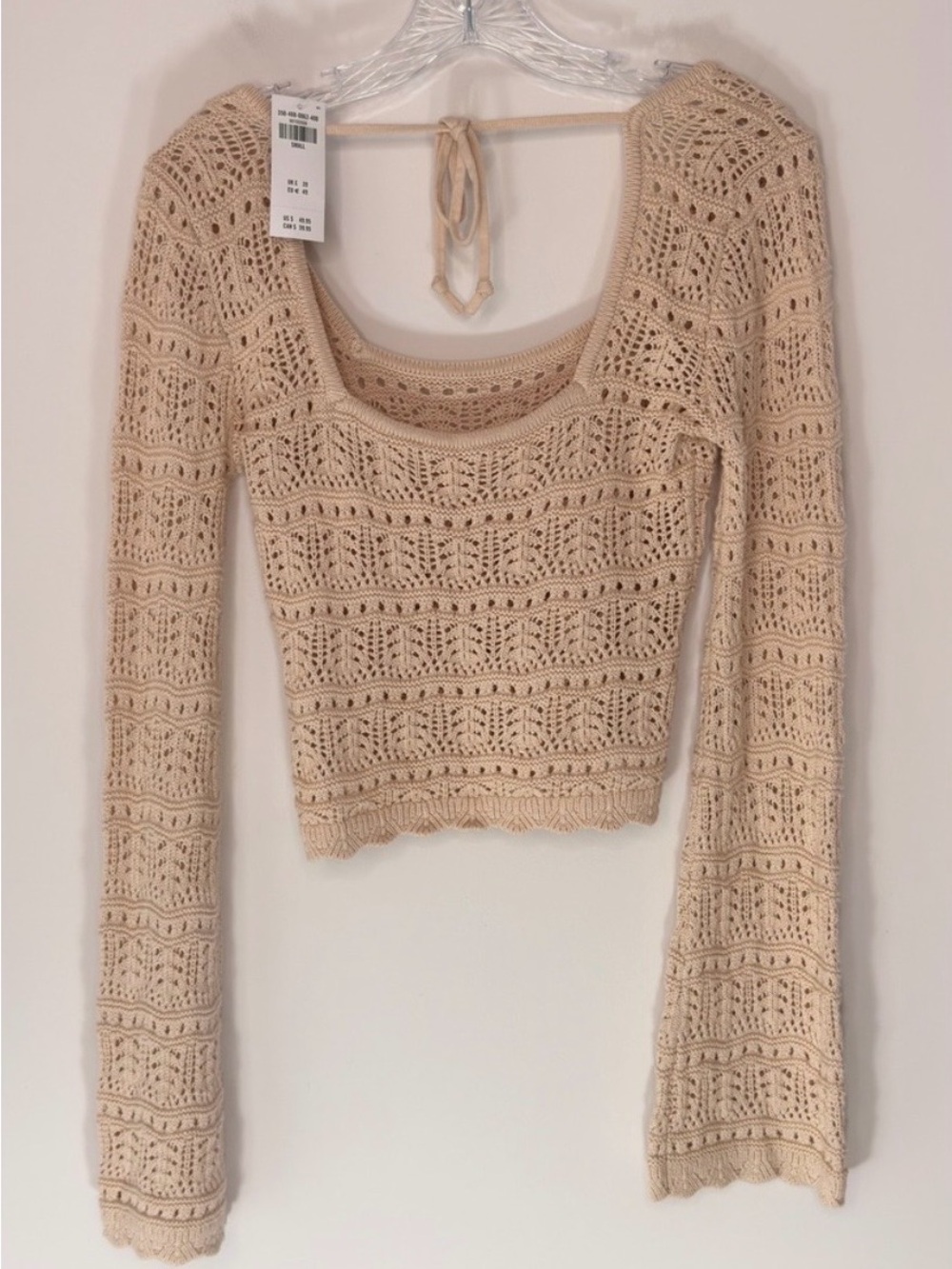 Hollister Cream Crochet Long Sleeve Scoop Neck Crop Top
